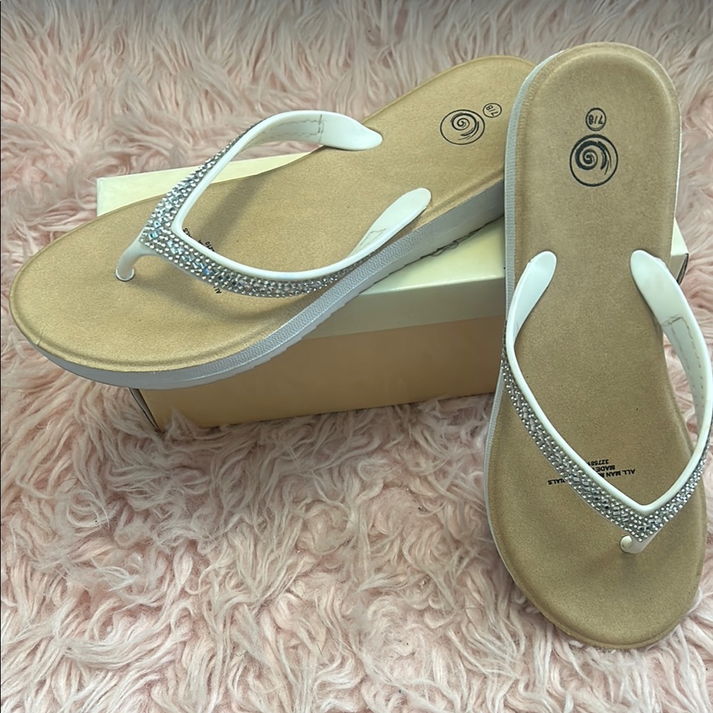 White and Tan Wedge Sandals with Flip-Flop Style